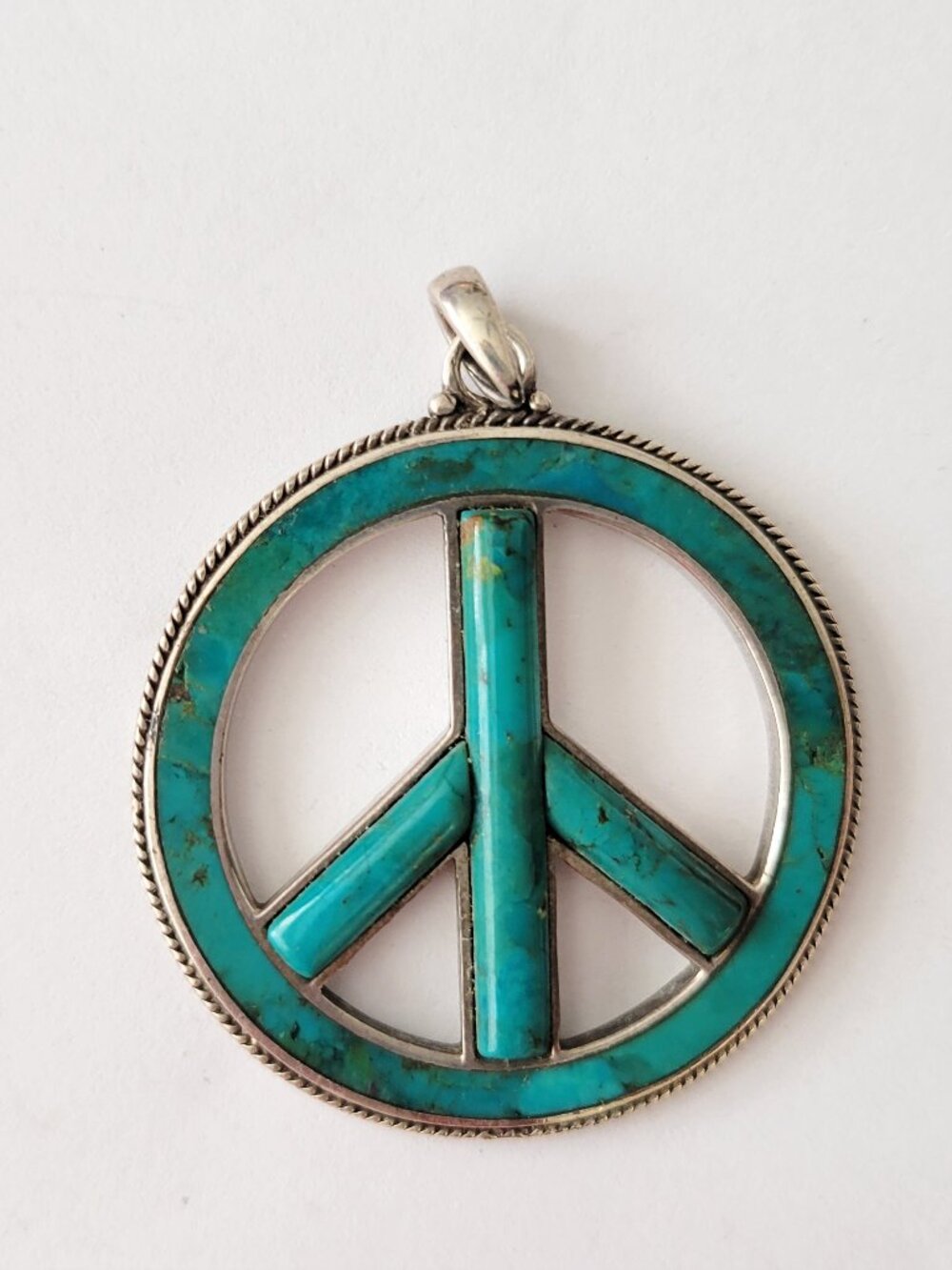 Turquoise Inlay Peace Sign Pendant Sterling Silver 925 Round 1.5 x 1.5